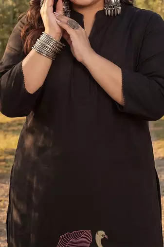 Plus Size Black Embroidered A-Line Kurta Palazzos Set