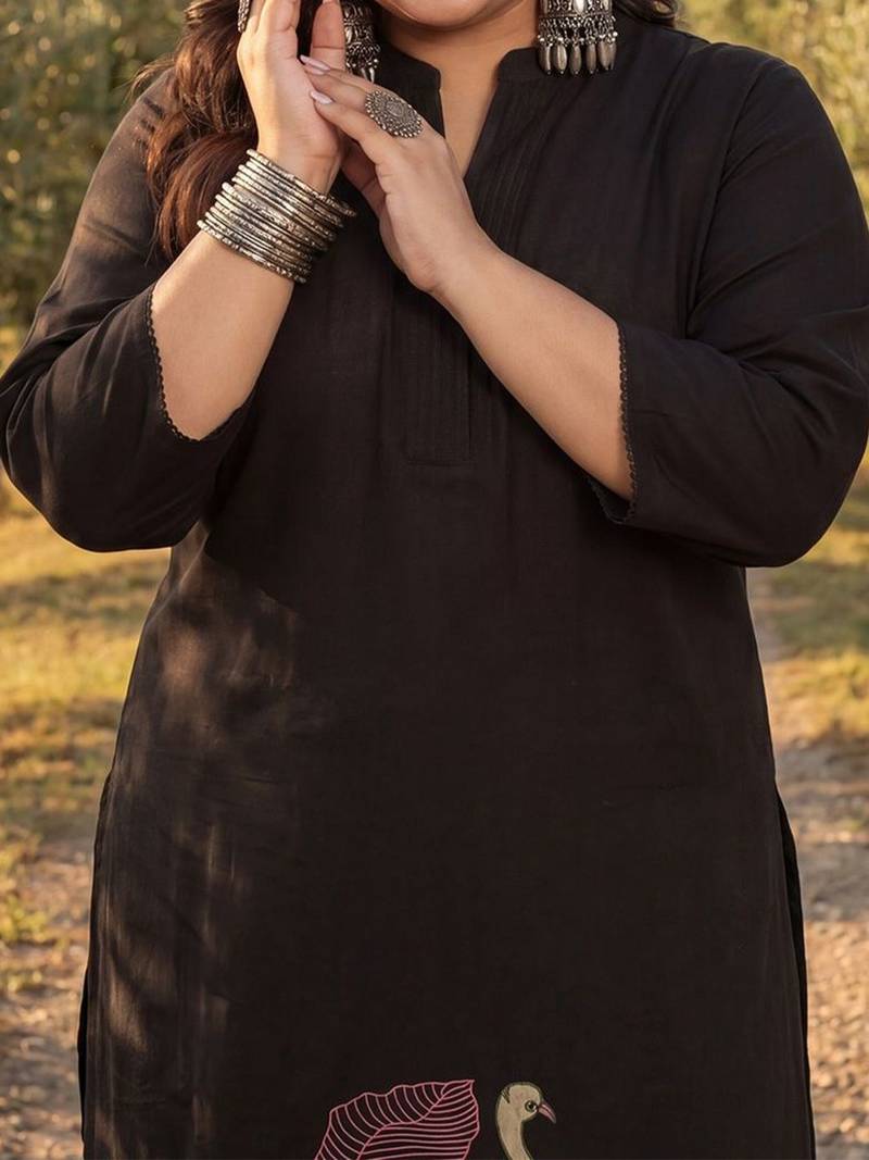 Plus Size Black Embroidered A-Line Kurta Palazzos Set