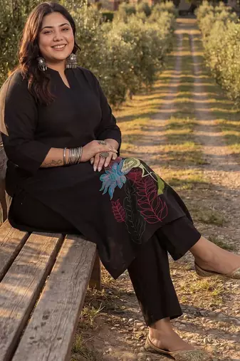 Plus Size Black Embroidered A-Line Kurta Palazzos Set