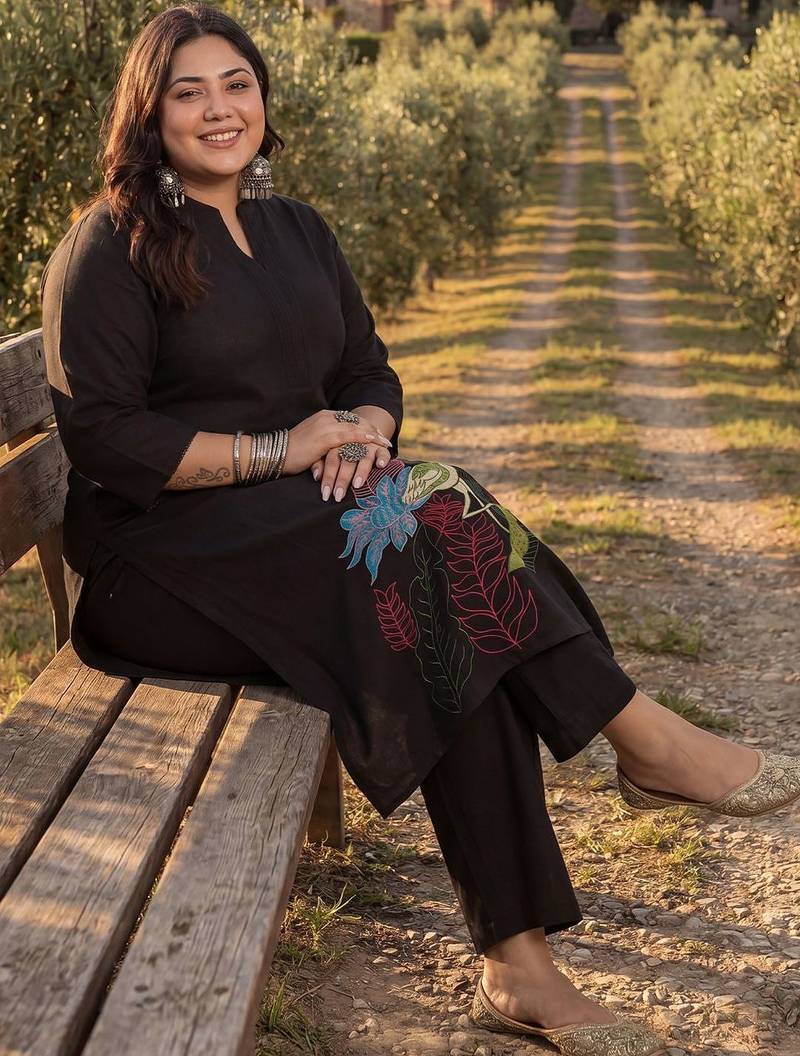 Plus Size Black Embroidered A-Line Kurta Palazzos Set