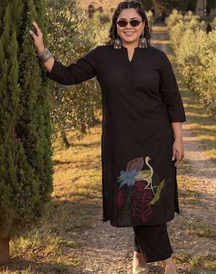 Plus Size Black Embroidered A-Line Kurta Palazzos Set 6