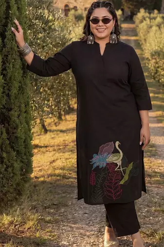 Plus Size Black Embroidered A-Line Kurta Palazzos Set