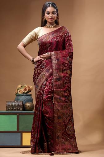 royal wine silk blend saree with designer multicolor floral zari crystal work & heritage woven pallu