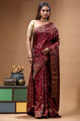 royal wine silk blend saree with designer multicolor floral zari crystal work & heritage woven pallu