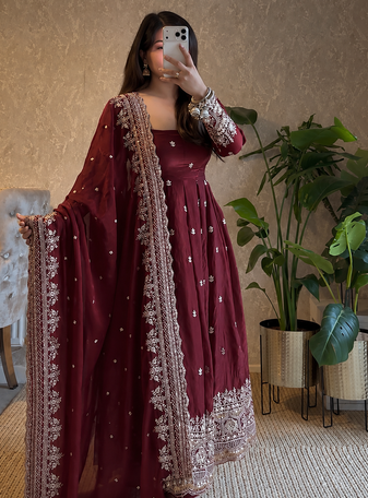 wine color sequin embroidery silk blend gown set