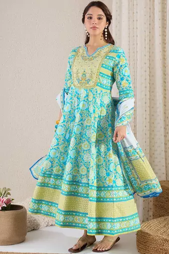 Floral Printed Notch Neck Pure Cotton Kurta With Trousers & Dupatta