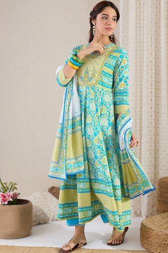 Floral Printed Notch Neck Pure Cotton Kurta With Trousers & Dupatta