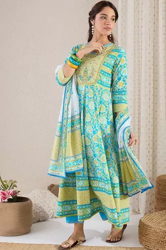 Floral Printed Notch Neck Pure Cotton Kurta With Trousers & Dupatta