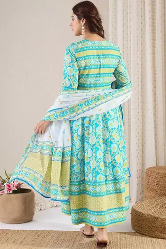 Floral Printed Notch Neck Pure Cotton Kurta With Trousers & Dupatta