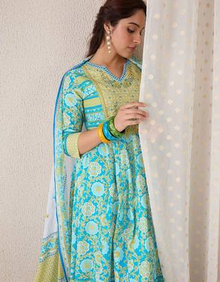 Floral Printed Notch Neck Pure Cotton Kurta With Trousers & Dupatta 7