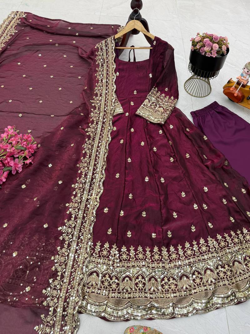 wine color sequin embroidery silk blend gown set