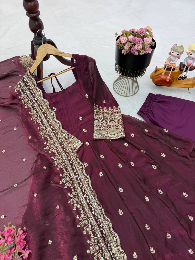 wine color sequin embroidery silk blend gown set