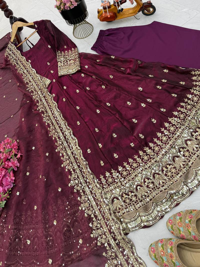 wine color sequin embroidery silk blend gown set