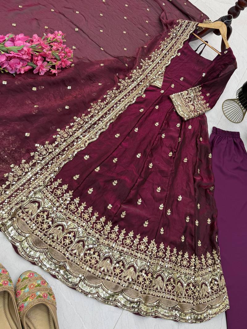 wine color sequin embroidery silk blend gown set