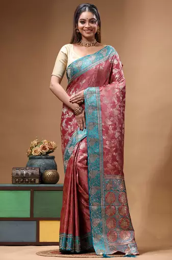 rose pink silk blend saree with designer silver zari crystal floral weaving & turquoise designer border