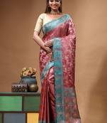 rose pink silk blend saree with designer silver zari crystal floral weaving & turquoise designer border