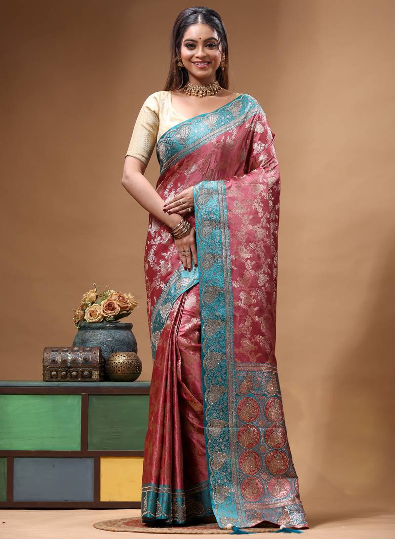 rose pink silk blend saree with designer silver zari crystal floral weaving & turquoise designer border