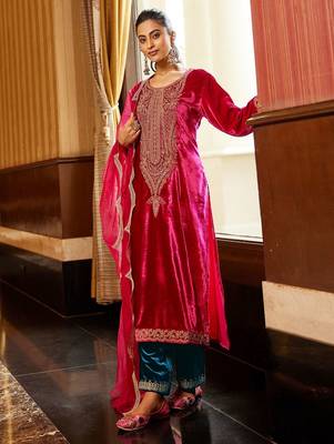 Women Ethnic Motifs Embroidered Regular Sequinned Velvet Kurta with Trousers & With Dupatta 1