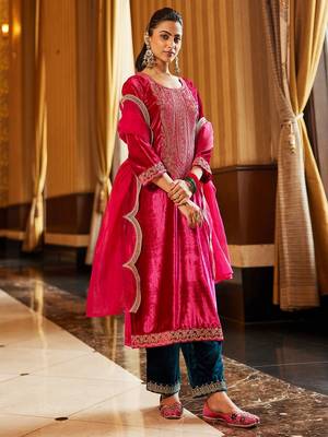 Women Ethnic Motifs Embroidered Regular Sequinned Velvet Kurta with Trousers & With Dupatta 2