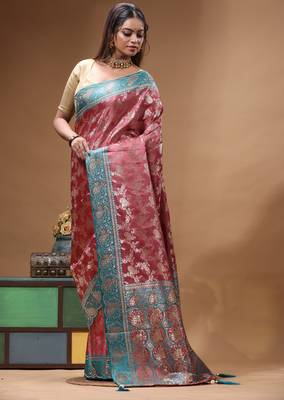 rose pink silk blend saree with designer silver zari crystal floral weaving & turquoise designer border 2