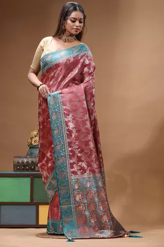 rose pink silk blend saree with designer silver zari crystal floral weaving & turquoise designer border