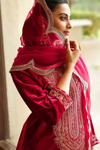 Women Ethnic Motifs Embroidered Regular Sequinned Velvet Kurta with Trousers & With Dupatta