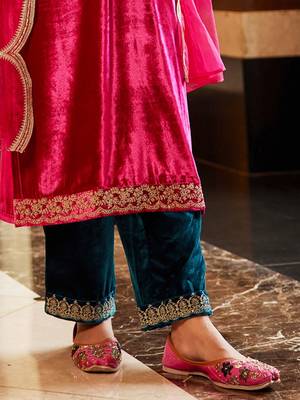 Women Ethnic Motifs Embroidered Regular Sequinned Velvet Kurta with Trousers & With Dupatta 6