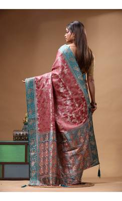 rose pink silk blend saree with designer silver zari crystal floral weaving & turquoise designer border 3