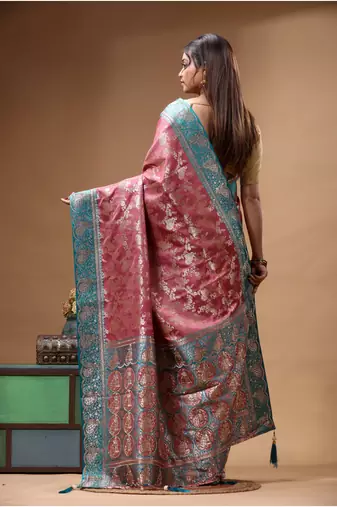 rose pink silk blend saree with designer silver zari crystal floral weaving & turquoise designer border