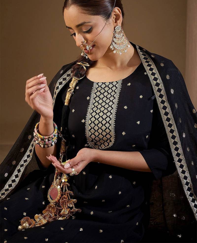 Women Ethnic Motifs Embroidered Regular Sequinned Kurta with Trousers & With Dupatta