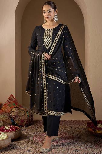 Women Ethnic Motifs Embroidered Regular Sequinned Kurta with Trousers & With Dupatta
