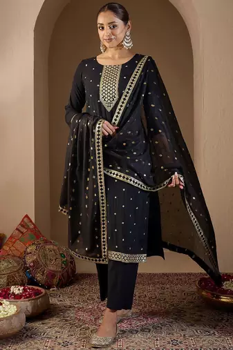 Women Ethnic Motifs Embroidered Regular Sequinned Kurta with Trousers & With Dupatta