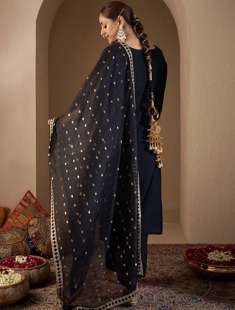 Women Ethnic Motifs Embroidered Regular Sequinned Kurta with Trousers & With Dupatta