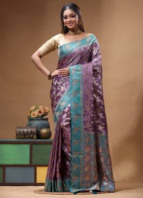 lavender silk blend saree with designer silver zari crystal floral weaving & turquoise designer border 1