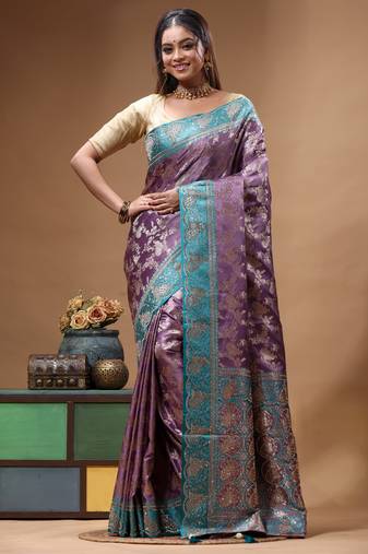 lavender silk blend saree with designer silver zari crystal floral weaving & turquoise designer border