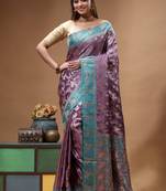 lavender silk blend saree with designer silver zari crystal floral weaving & turquoise designer border