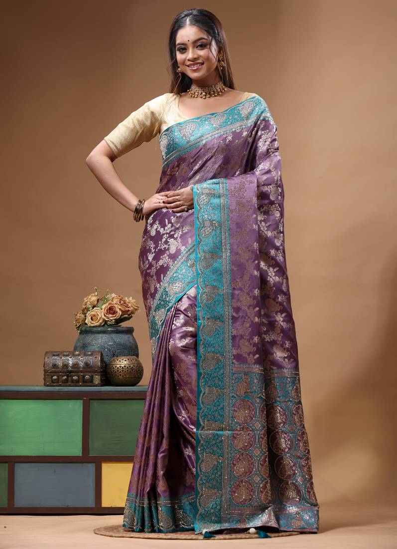 lavender silk blend saree with designer silver zari crystal floral weaving & turquoise designer border