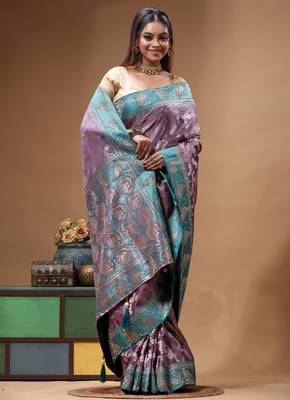 lavender silk blend saree with designer silver zari crystal floral weaving & turquoise designer border 2