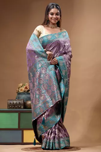 lavender silk blend saree with designer silver zari crystal floral weaving & turquoise designer border