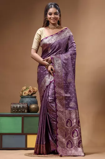 lavender silk blend saree with designer silver zari crystal work & paisley woven border