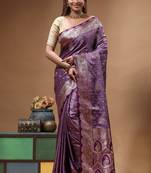 lavender silk blend saree with designer silver zari crystal work & paisley woven border