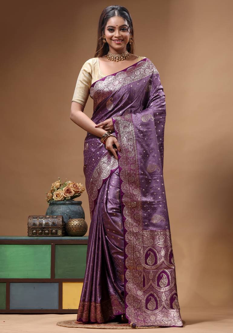 lavender silk blend saree with designer silver zari crystal work & paisley woven border