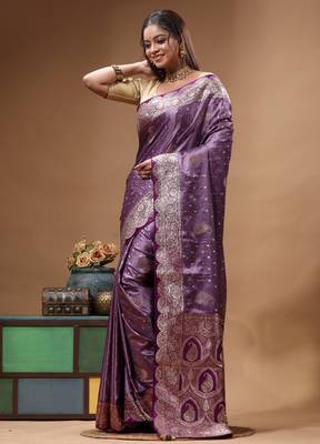 lavender silk blend saree with designer silver zari crystal work & paisley woven border 2