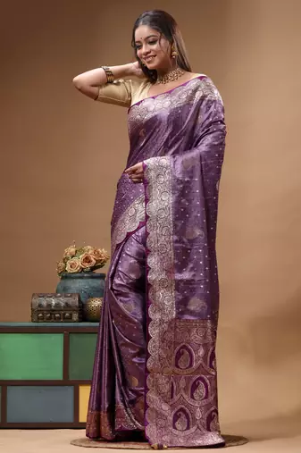 lavender silk blend saree with designer silver zari crystal work & paisley woven border