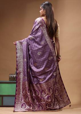 lavender silk blend saree with designer silver zari crystal work & paisley woven border 3