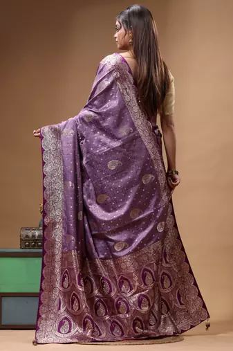 lavender silk blend saree with designer silver zari crystal work & paisley woven border