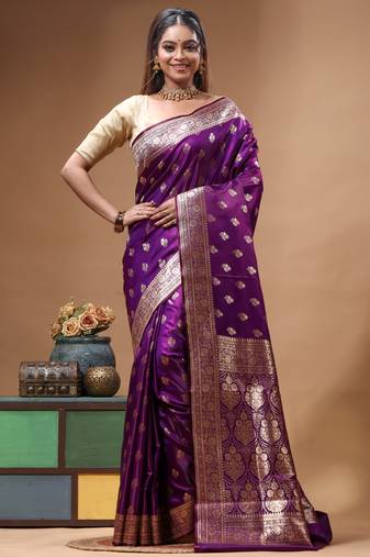 Royal purple katan silk saree with gold zari buta, banarasi border & woven pallu