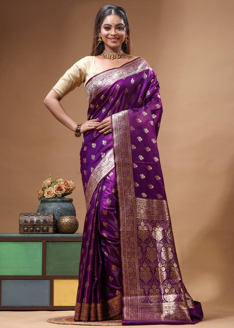 Royal purple katan silk saree with gold zari buta, banarasi border & woven pallu
