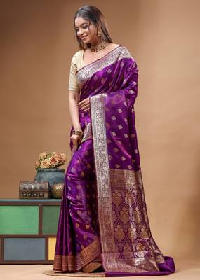 Royal purple katan silk saree with gold zari buta, banarasi border & woven pallu 2