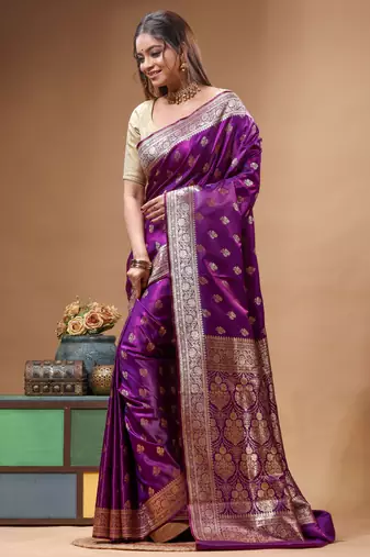 Royal purple katan silk saree with gold zari buta, banarasi border & woven pallu